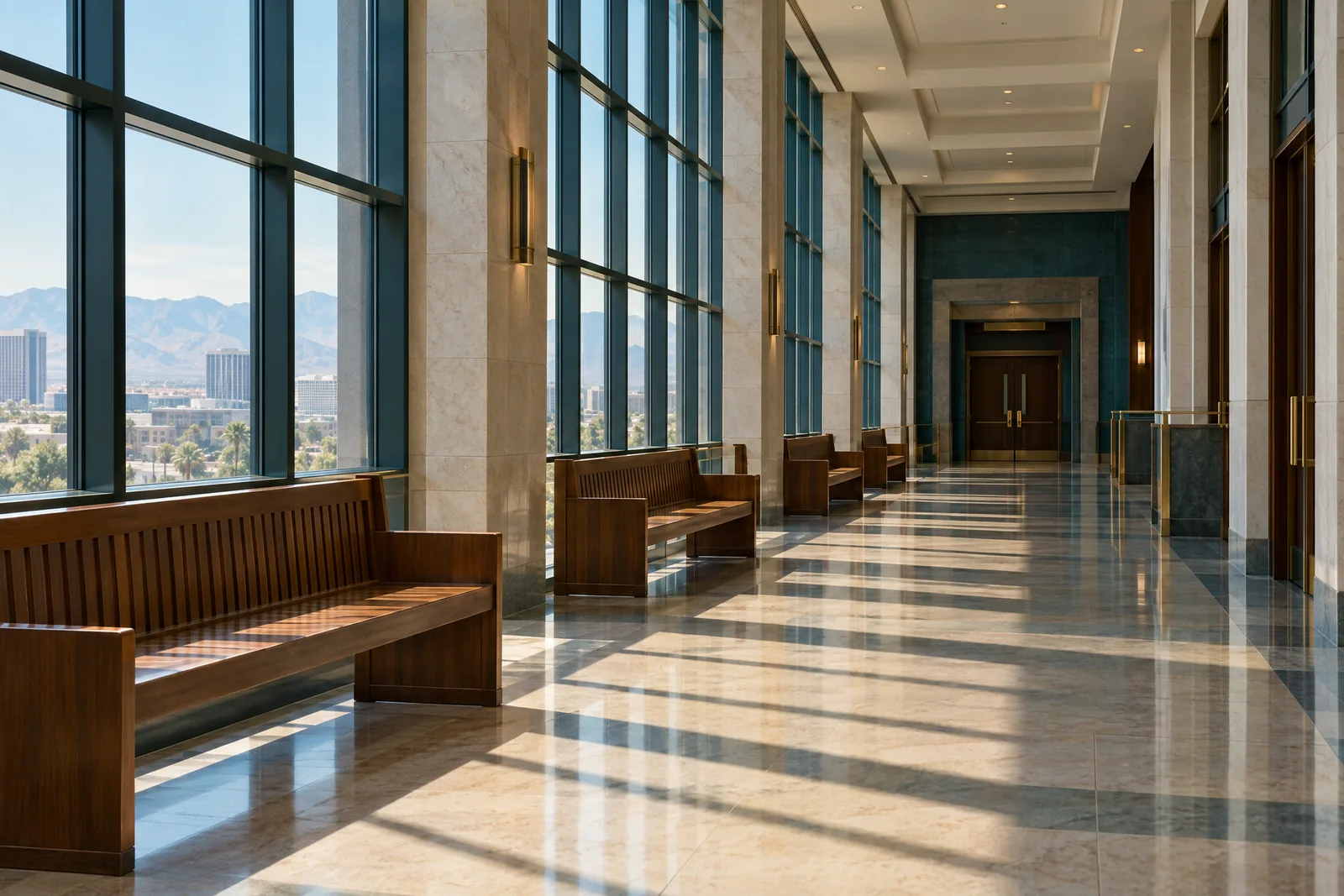A sunlit corridor inside a modern Las Vegas courthouse with tall windows, empty wooden benches, and pale stone floors.