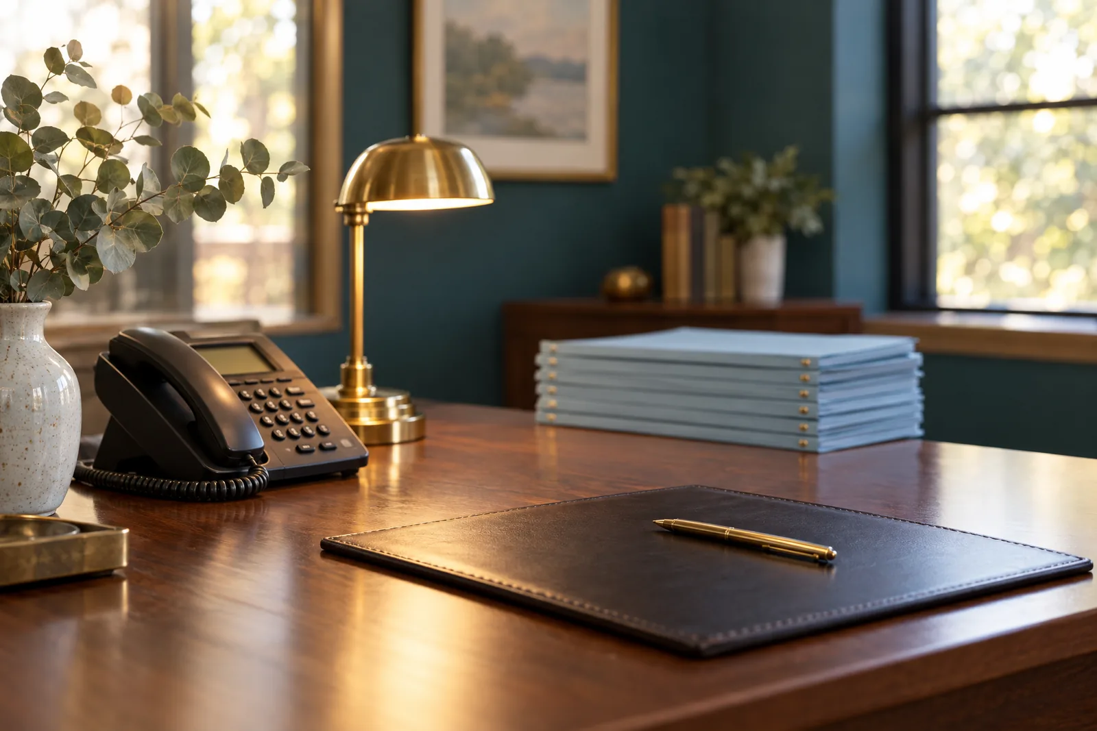 A quiet reception desk with a telephone, a leather notepad, a brass lamp, and a vase of eucalyptus.