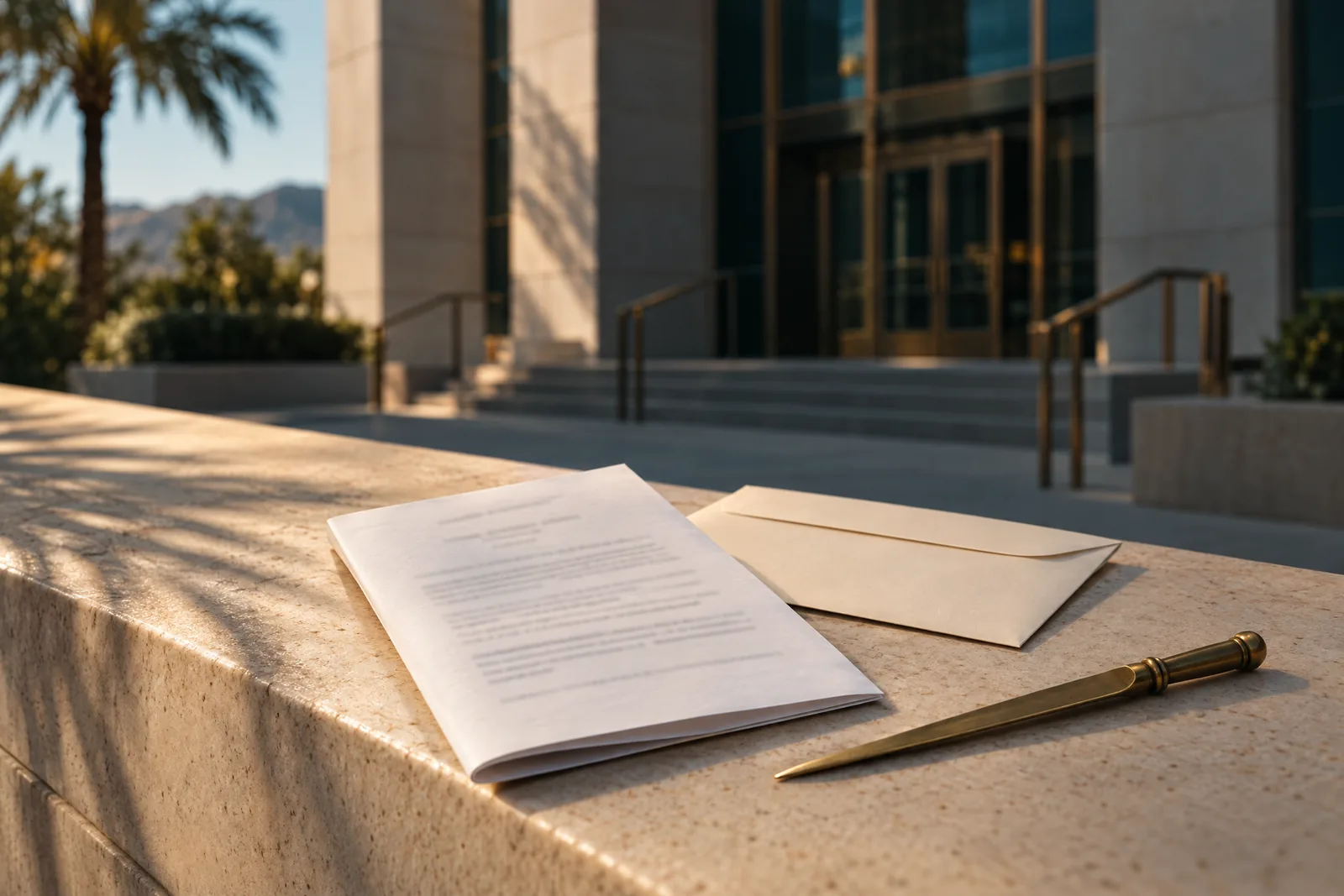 A formal legal document folded in thirds beside a plain envelope and a brass letter opener on a stone courthouse ledge in afternoon light.