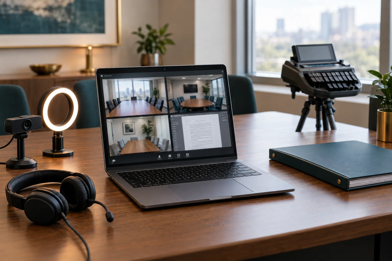 A laptop showing a blurred videoconference layout on a conference table beside a webcam, ring light, headset, and a stenotype writer in soft focus.
