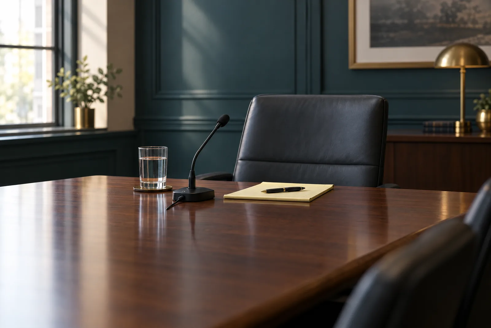 La silla del testigo en el extremo de una mesa de declaraciones, con un vaso de agua y una libreta, a la luz de la mañana.
