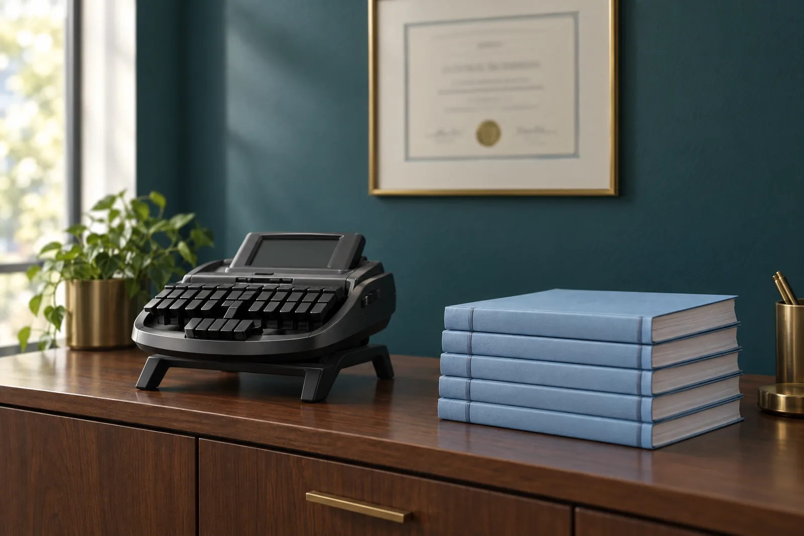 A framed blank certificate in a slim brass frame on a deep teal wall above a stenotype writer and a neat stack of transcripts.