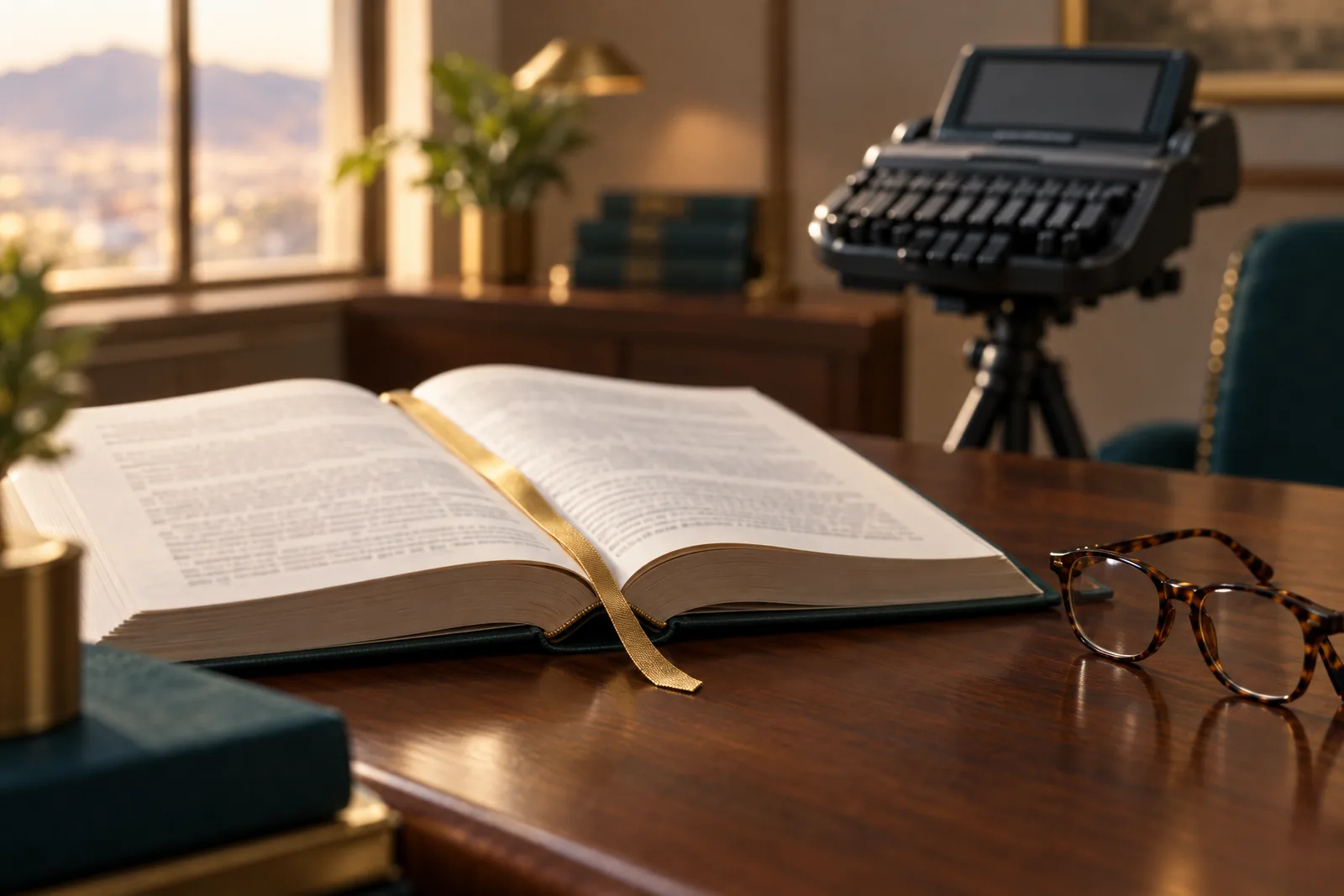 An open volume of court rules on a walnut desk with a brass ribbon bookmark, reading glasses, and a stenotype writer in soft focus.