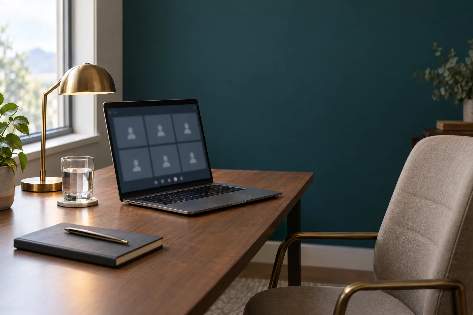 A quiet home office arranged for a remote deposition: a laptop with a blurred videoconference screen, a small lamp, a glass of water, a closed notebook, and a tidy bare wall behind the chair.