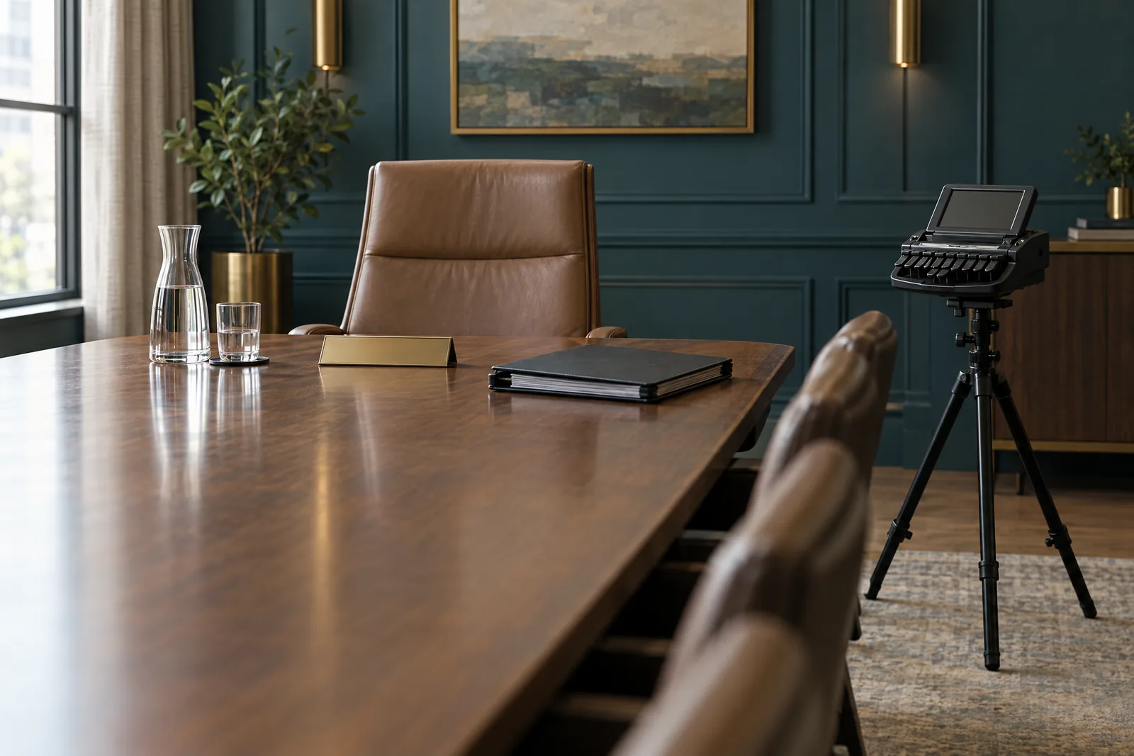 A boardroom table with a single leather chair at its head, a blank brass nameplate, a water carafe, and a stenotype writer waiting at the side.