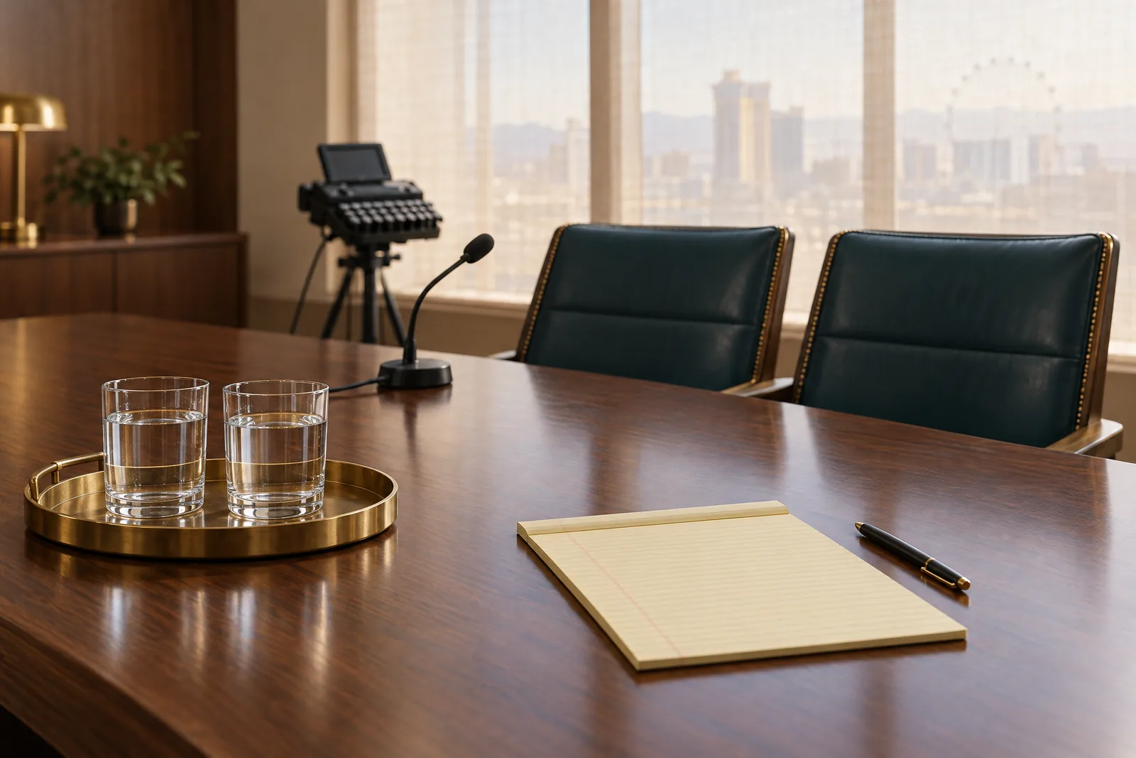 Two empty chairs side by side at the witness end of a deposition table, with two glasses of water, a legal pad and a tabletop microphone in morning light.