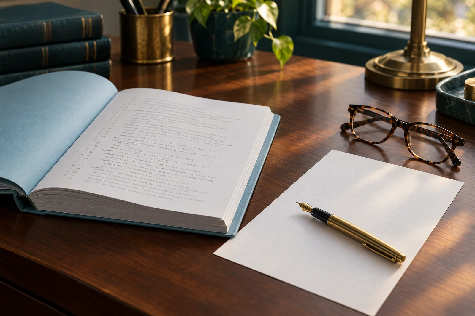 A bound deposition transcript open on a desk beside a single blank correction sheet, a fountain pen, and tortoiseshell reading glasses in warm window light.
