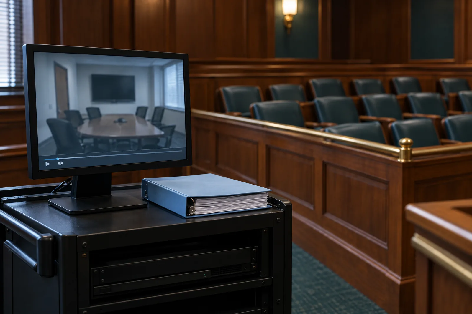 A courtroom media cart with a monitor showing a blurred, paused video of an empty deposition room, a transcript binder beside it, and an empty jury box in soft focus.
