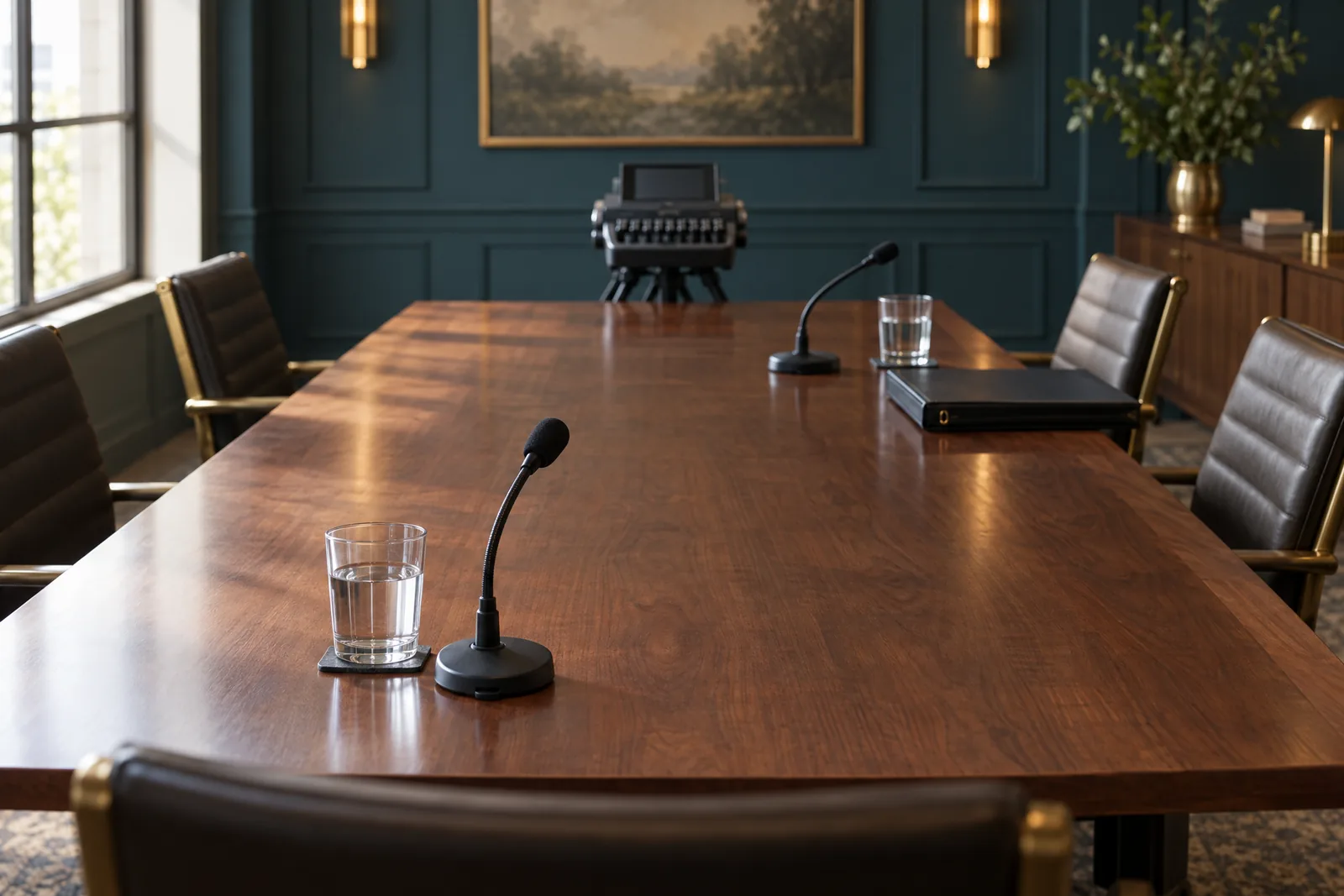 Two places set across a deposition table, each with a microphone and a glass of water, and a stenotype writer at the head of the table.